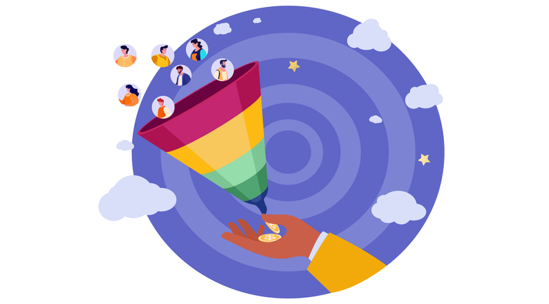 Lead generation and customer acquisition concept, marketing funnel pulling potential clients to convert into sales