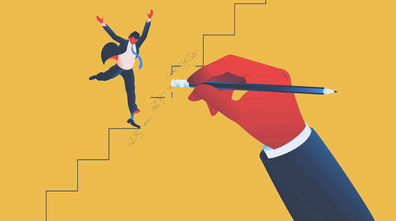 Illustration of a business professional climbing steps as the path ahead is erased, representing barriers to agency growth.