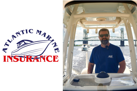 Atlantic Marine logo and Jordan Davis driving a boat