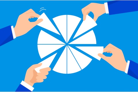 Illustration of a pie chart with hands in business suits taking pieces away.