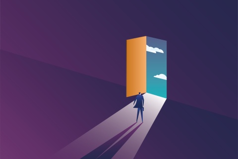 graphic of man standing in front of an open door