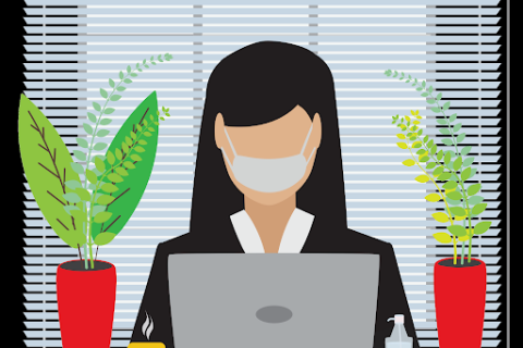 Drawing of a business woman behind a laptop at a desk wearing a mask