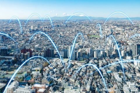 city with digital connections in the form of arches