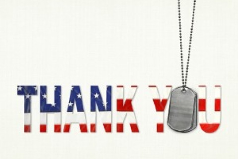 The words "Thank You" in an American flag print