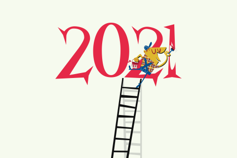 Illustration of painter on a ladder painting 2021 on the wall.