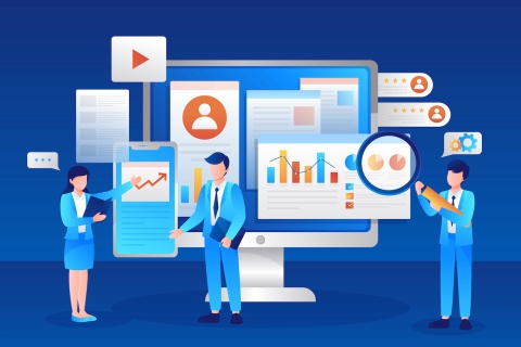 Illustration of oversized computer screens showing various customer metrics with three business people examining the information.
