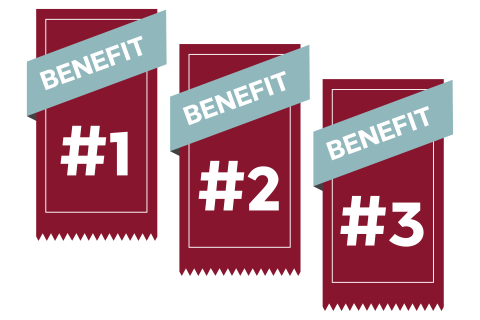 Three burgundy banners that have the words "benefit #1," "benefit #2," and "benefit #3" on them. 