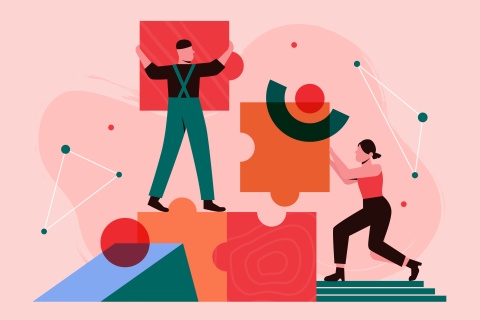 illustration of two people working together to build a giant puzzle