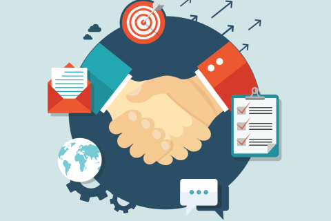 Illustration of hands shaking in front of a circle with icons of a bull's eye, letter, clipboard, and globe surrounding it.