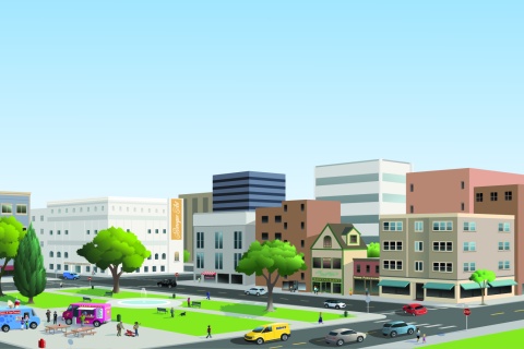 Busy and pleasant city illustrated on a bright blue day