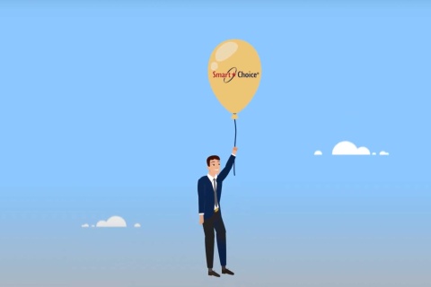 man floats in sky, lifted by a helium ballon that has a Smart Choice logo