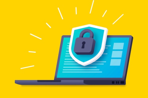 An illustration of a laptop with a lock and shield coming out of it to represent cyber security. 