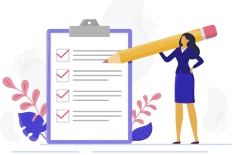 Illustration of a woman with a giant pencil checking off steps put in place by an errors and omissions prevention system for independent insurance agents. 