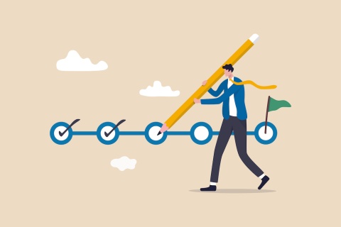 Illustration of an independent insurance agency owner checking off circles with a giant pencil as he learns new skills for 2023.