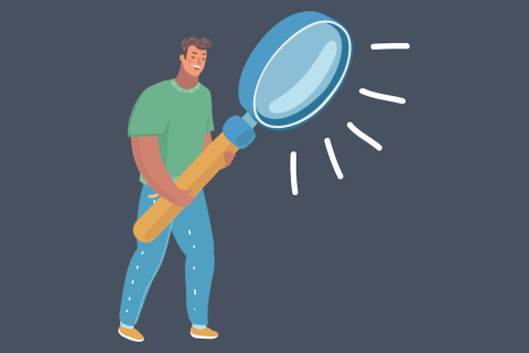Illustration of an independent insurance agent with a magnifying glass looking for niche markets to offer clients.