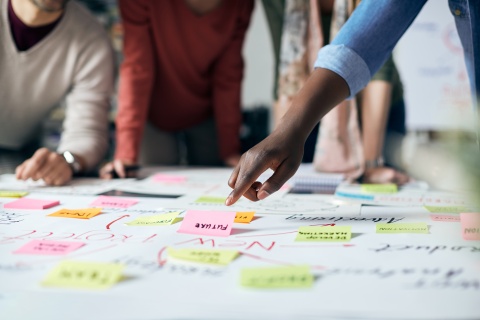 Collaboration of people around table with post-its