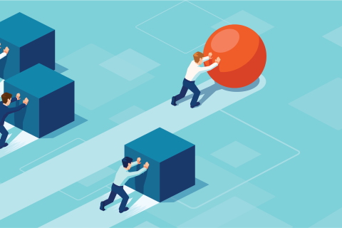 Illustration of business men pushing boxes, with one pushing a ball having an advantage.