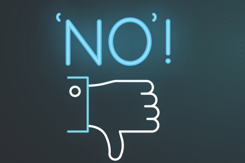 Drawing of a thumbs down with a bright blue "no" above it.