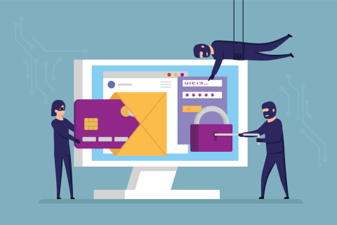 Illustrations of thieves dressed in black, stealing important information from a computer.