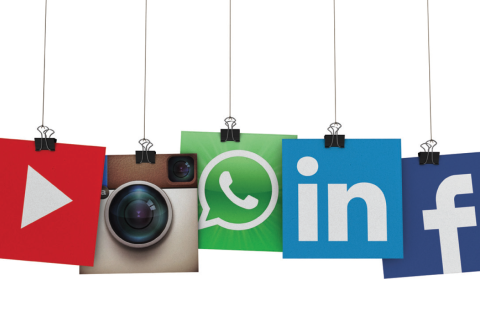 Icons for YouTube, Instagram, WhatsApp, LinkedIn, and Facebook hanging from strings.