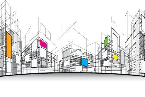Decorative line drawing that looks like office buildings