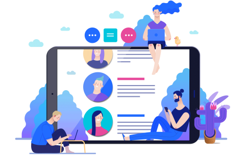 A graphic showing people using digital devices amidst social media icons and internet symbols. It represents an all-in-one business solution with marketing tools, agency management systems, and insurance tools, catering to your needs