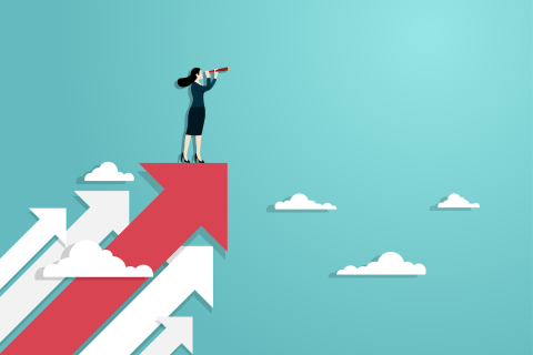 Illustration of an independent insurance agent standing on giant upwards arrows, looking out through the clouds at potential growth opportunities.