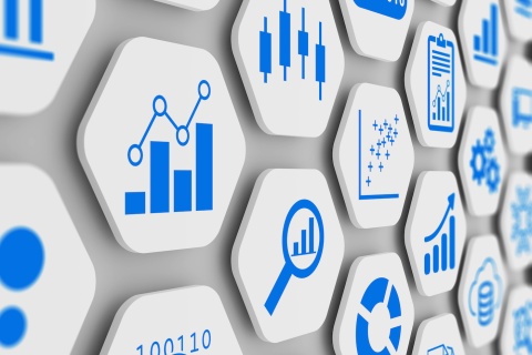 Illustrated icons of white hexagons with blue charts and graphs on them, representing KPIs insurance agents need to track.