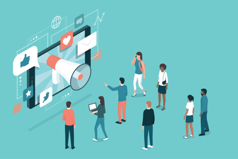 An illustration of people standing around a giant tablet with a mega phone coming out of the screen.