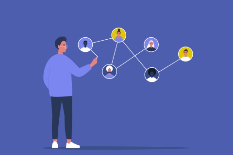 Networking concept, young male character connecting together different members of the system stock illustration