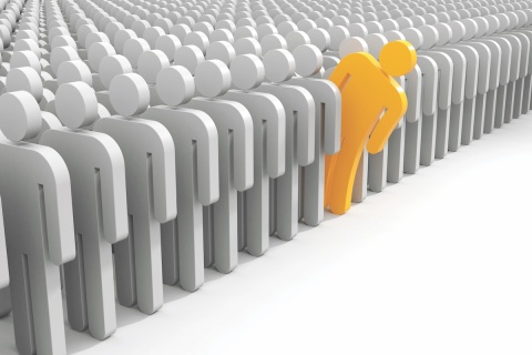 A crowd of white, faceless stick figures with one in yellow leaning out of the crowd.
