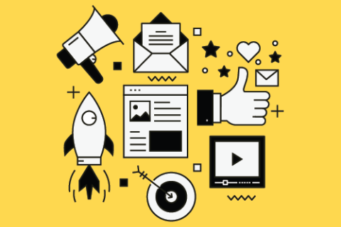ICONS: Rocket, Mail, Website, Bullseye, Thumbs up, Video, Website