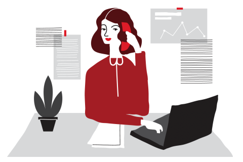 Illustration of a small business owner on the phone discussing workers' comp insurance with her independent insurance agent.