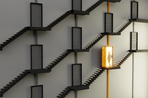 An abstract staircase and gray colored doors, orange colored one is open and a person going in.