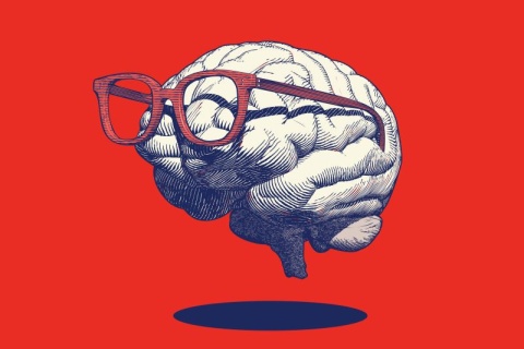 a cartoon floating brain with glasses on a red background