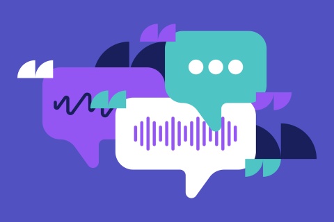 Illustration of speech bubbles on a purple background.