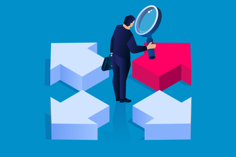 Illustration of man with magnifying glass, trying to understand the differences between Independent Insurance Agency Clusters and Aggregators.