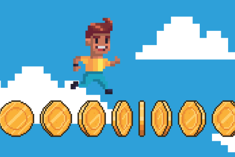 Pixelated video game character running over coins in the clouds.