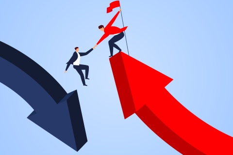 An insurance sales agent helps a fallen colleague, symbolizing trust, support, and resilience in the competitive insurance market. Strong relationships drive success in navigating insurance policies and client needs. 